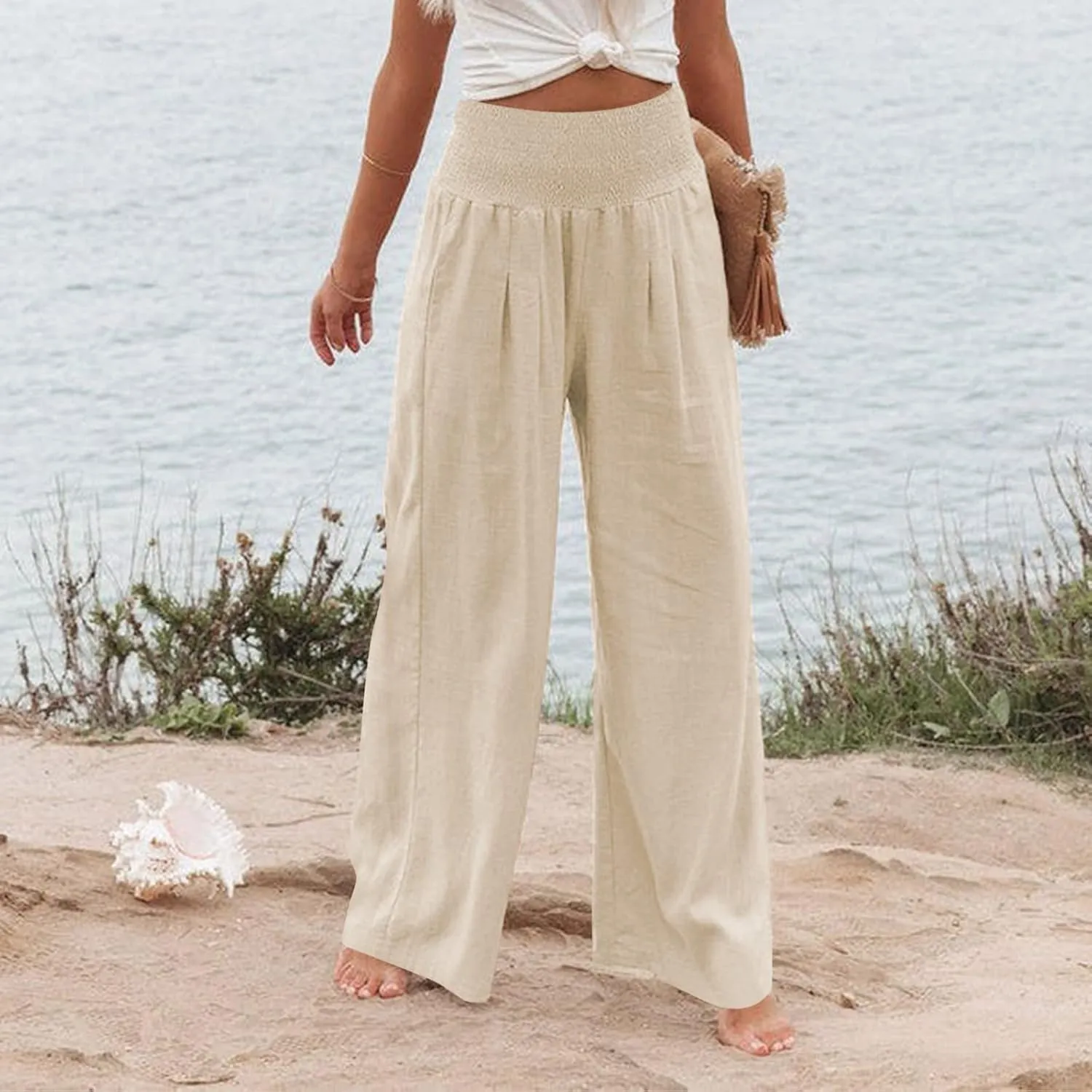 Womens Wide Leg Palazzo Pants Linen Pants 2024 Summer High Waisted Flowy Trousers Casual Lounge Pant with Pockets
