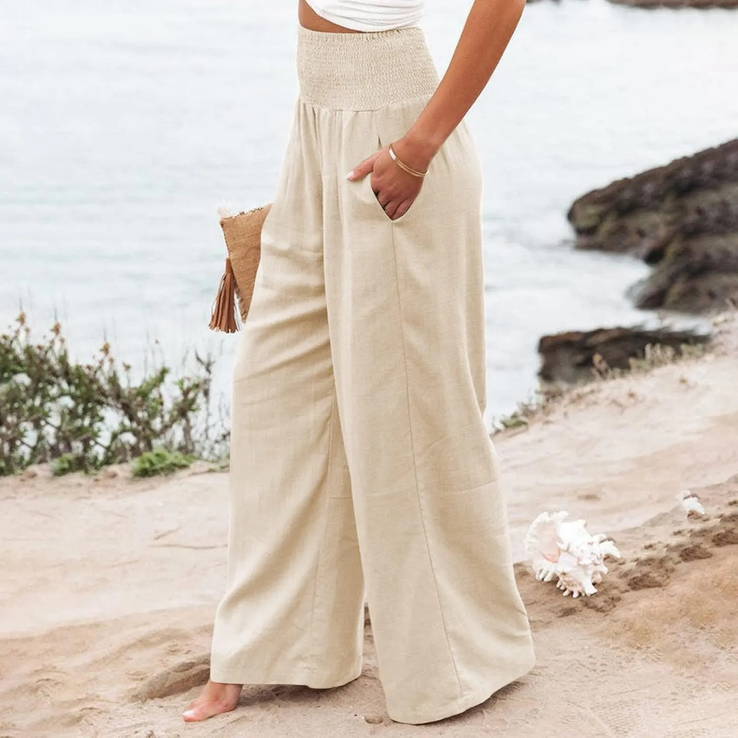 Womens Wide Leg Palazzo Pants Linen Pants 2024 Summer High Waisted Flowy Trousers Casual Lounge Pant with Pockets