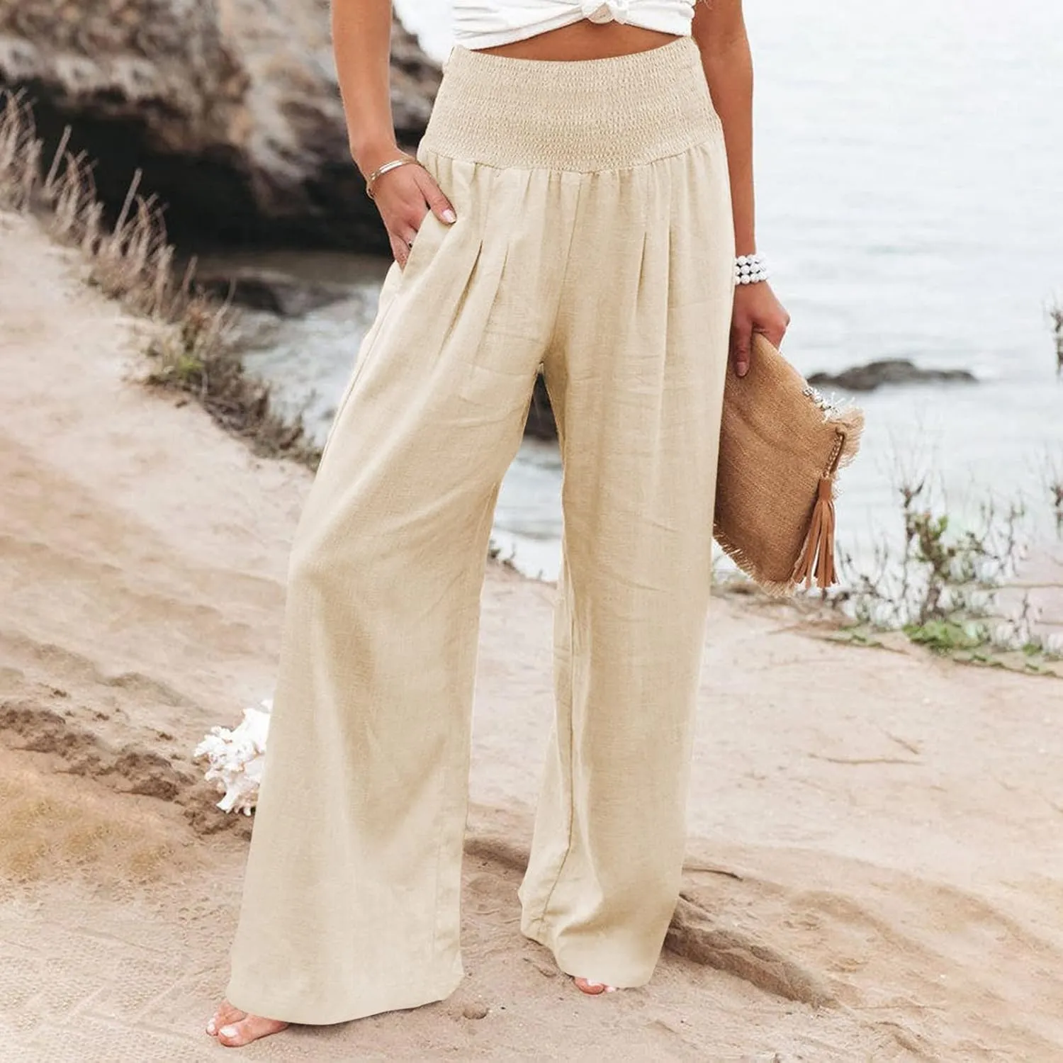 Womens Wide Leg Palazzo Pants Linen Pants 2024 Summer High Waisted Flowy Trousers Casual Lounge Pant with Pockets