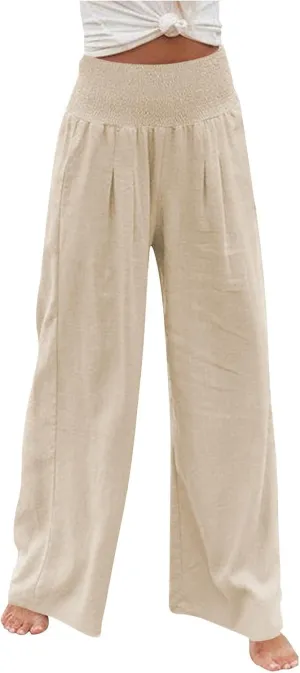 Womens Wide Leg Palazzo Pants Linen Pants 2024 Summer High Waisted Flowy Trousers Casual Lounge Pant with Pockets