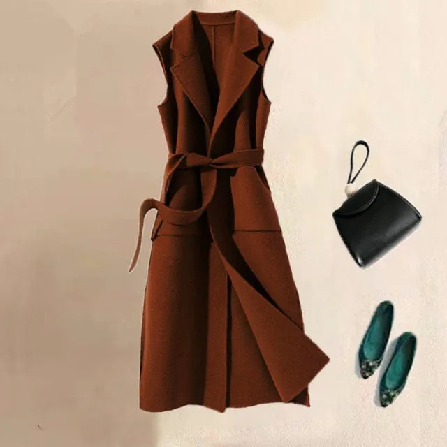 Wool Mandarin Collar Long Sleeveless Pocket With Belt Jacket