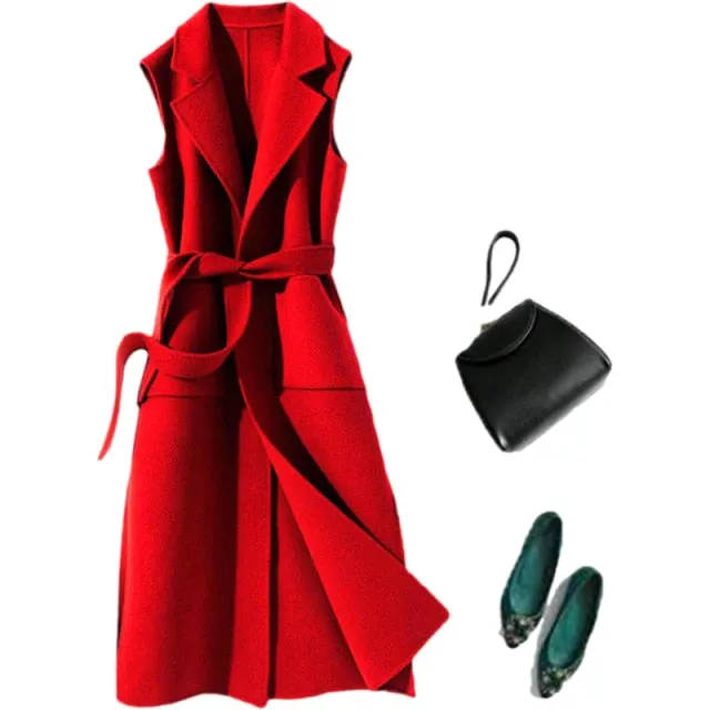 Wool Mandarin Collar Long Sleeveless Pocket With Belt Jacket