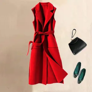 Wool Mandarin Collar Long Sleeveless Pocket With Belt Jacket