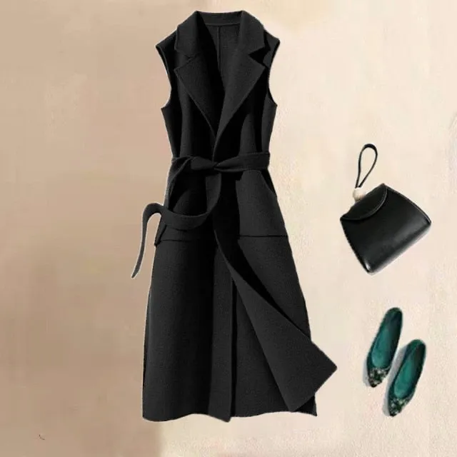 Wool Mandarin Collar Long Sleeveless Pocket With Belt Jacket