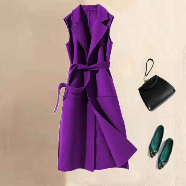 Wool Mandarin Collar Long Sleeveless Pocket With Belt Jacket