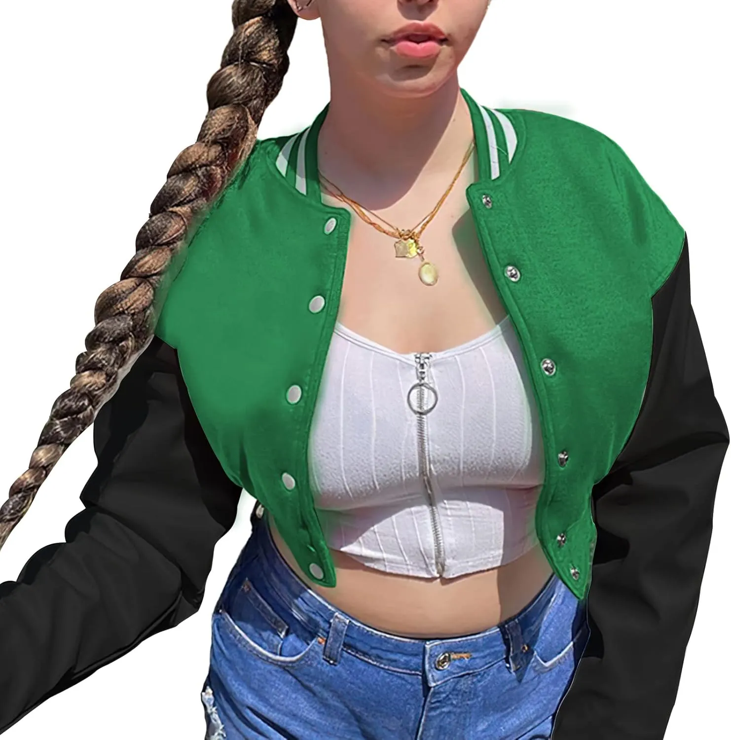Xaspee Women's Casual Baseball Jacket Faux Leather Colorblock Button Crop Bomber Jacket