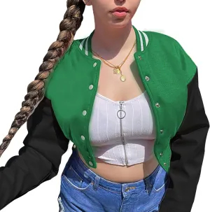Xaspee Women's Casual Baseball Jacket Faux Leather Colorblock Button Crop Bomber Jacket