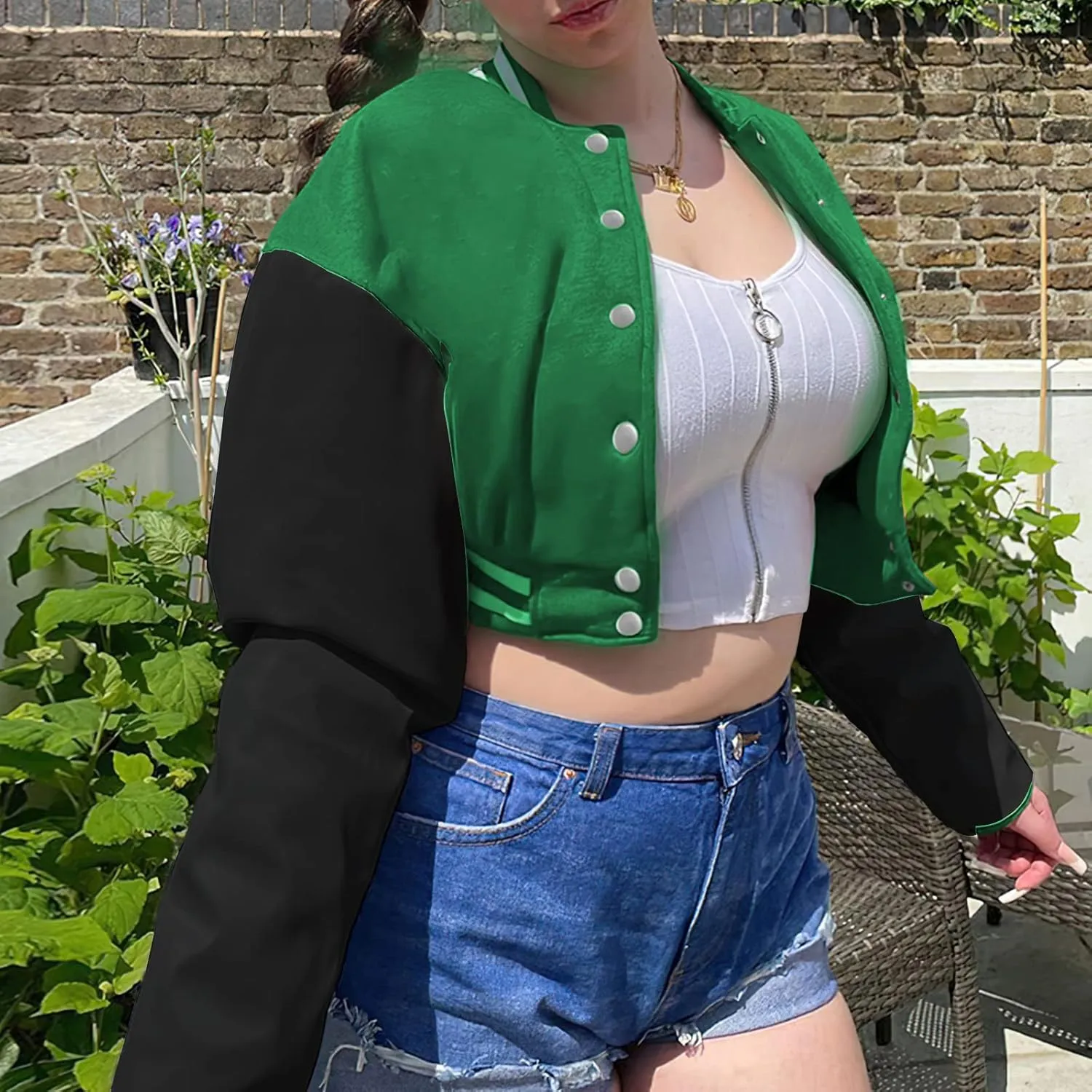 Xaspee Women's Casual Baseball Jacket Faux Leather Colorblock Button Crop Bomber Jacket