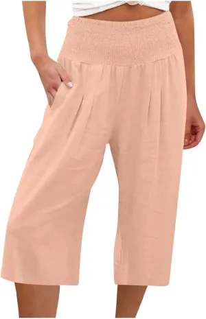 Xiaojmake Cotton Linen Pants for Women Trendy 2024 High Waist Drawstring Trousers Cropped Casual Pants Summer Wide Leg Capris