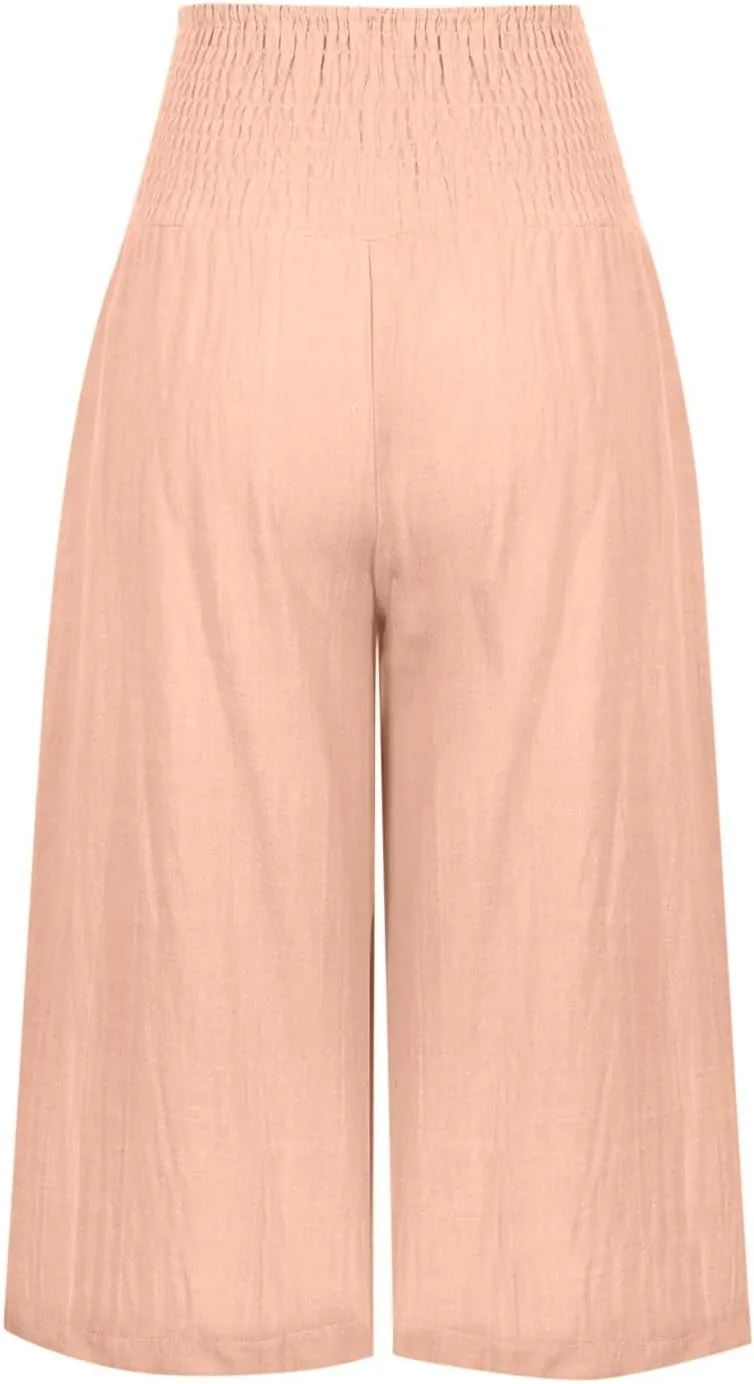 Xiaojmake Cotton Linen Pants for Women Trendy 2024 High Waist Drawstring Trousers Cropped Casual Pants Summer Wide Leg Capris