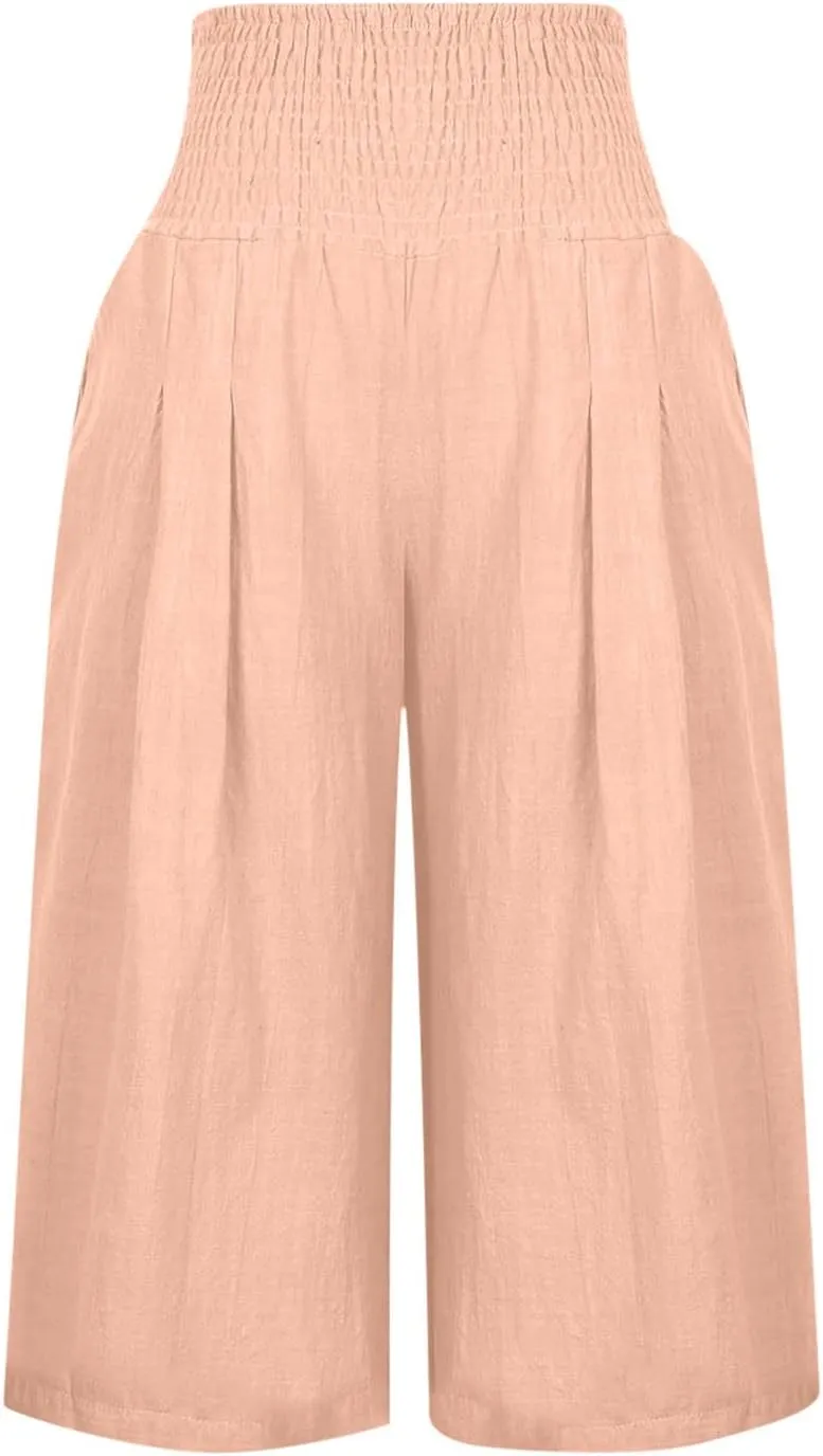Xiaojmake Cotton Linen Pants for Women Trendy 2024 High Waist Drawstring Trousers Cropped Casual Pants Summer Wide Leg Capris