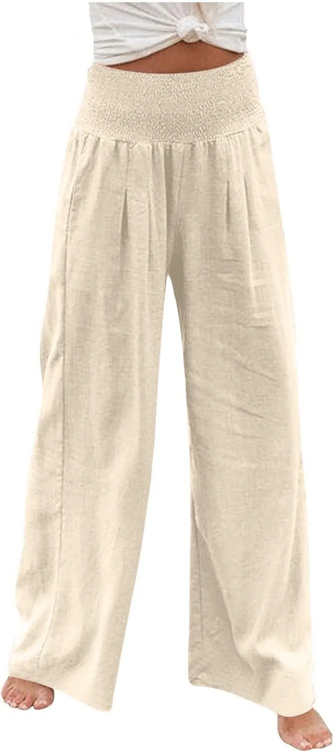 yardsong Linen Pants Women 2024 Summer Trendy Casual Wide Leg Pant Smocked High Waisted Palazzo Beach Pants with Pockets
