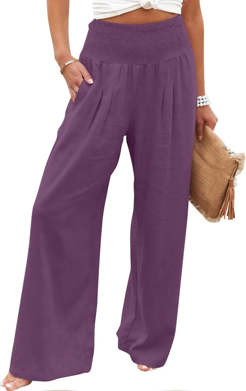 yardsong Linen Pants Women 2024 Summer Trendy Casual Wide Leg Pant Smocked High Waisted Palazzo Beach Pants with Pockets