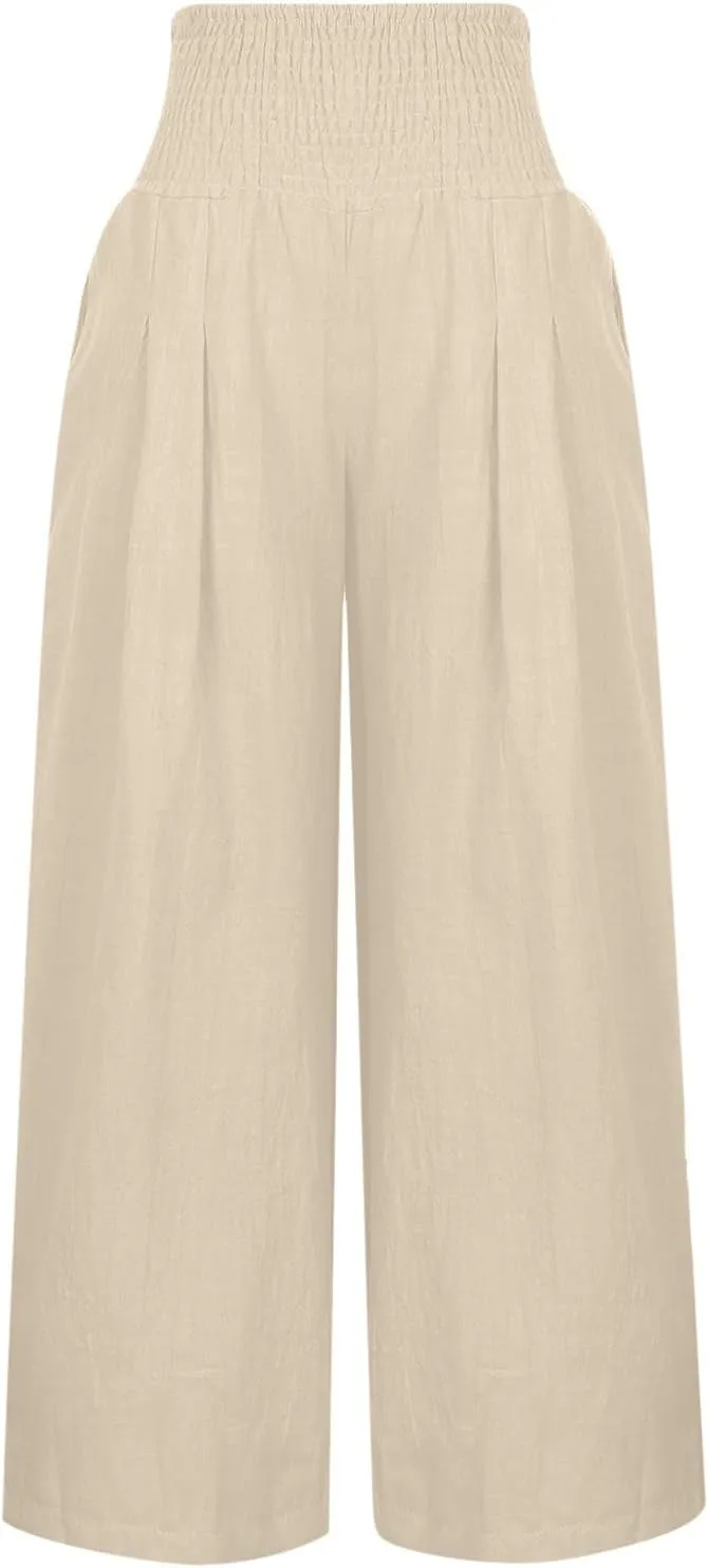 yardsong Linen Pants Women 2024 Summer Trendy Casual Wide Leg Pant Smocked High Waisted Palazzo Beach Pants with Pockets