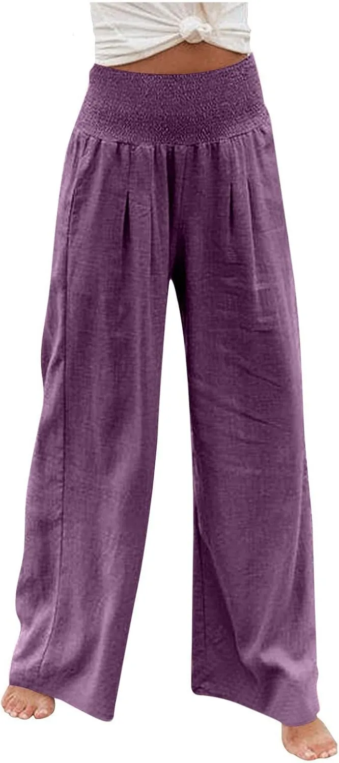 yardsong Linen Pants Women 2024 Summer Trendy Casual Wide Leg Pant Smocked High Waisted Palazzo Beach Pants with Pockets
