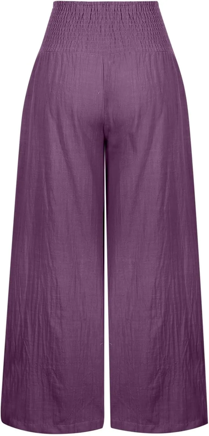 yardsong Linen Pants Women 2024 Summer Trendy Casual Wide Leg Pant Smocked High Waisted Palazzo Beach Pants with Pockets
