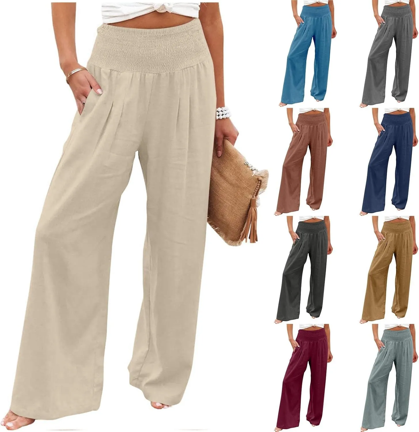 yardsong Linen Pants Women 2024 Summer Trendy Casual Wide Leg Pant Smocked High Waisted Palazzo Beach Pants with Pockets