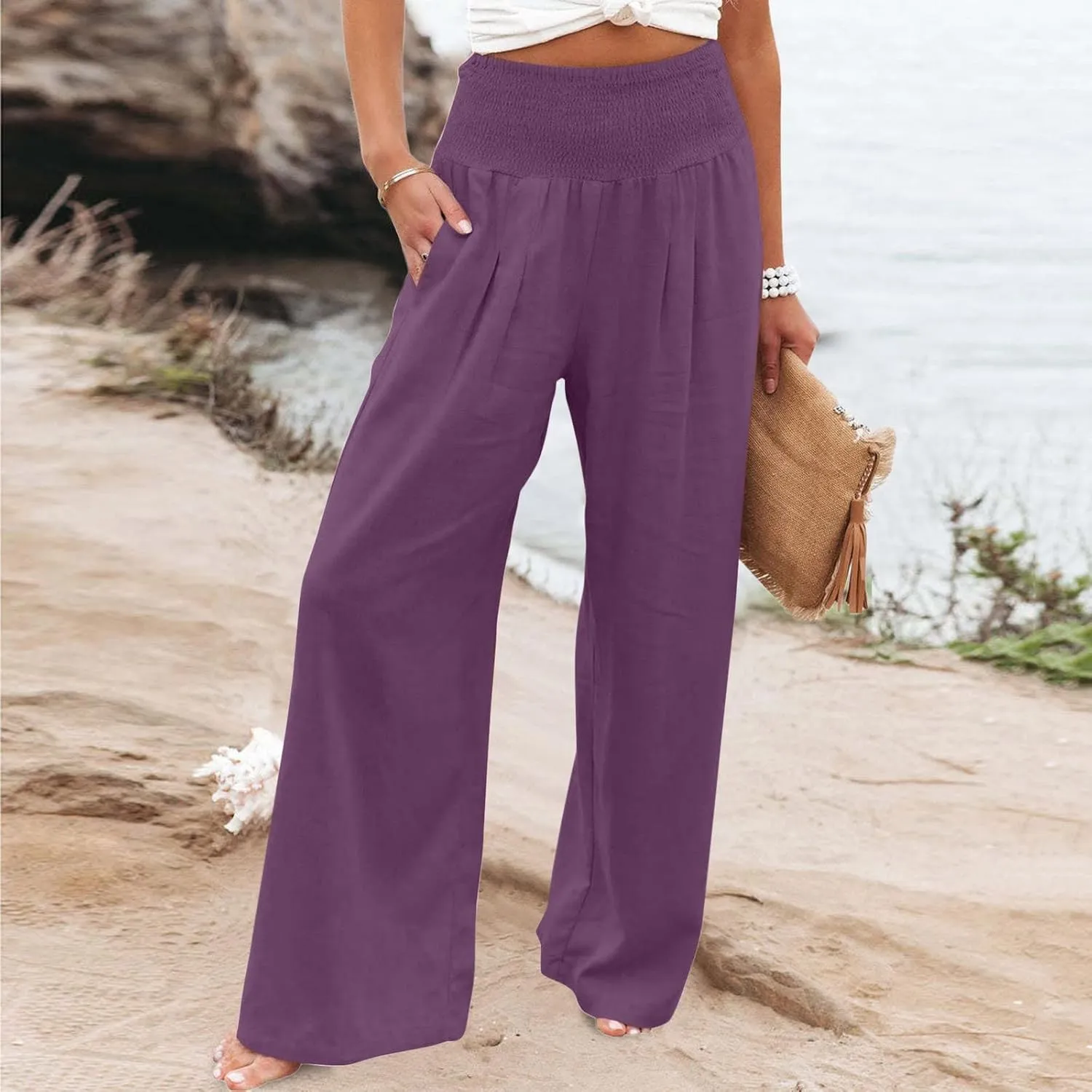 yardsong Linen Pants Women 2024 Summer Trendy Casual Wide Leg Pant Smocked High Waisted Palazzo Beach Pants with Pockets