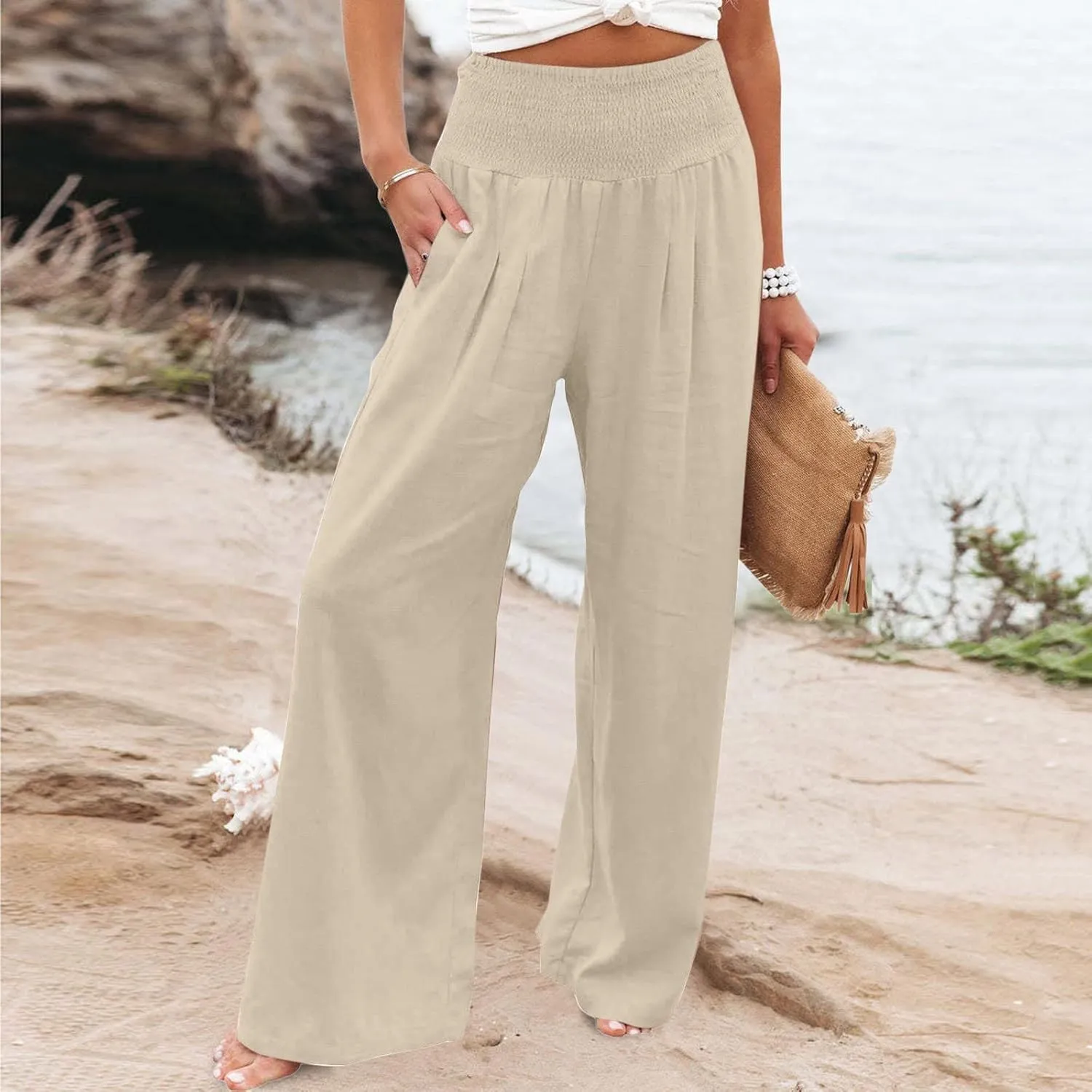 yardsong Linen Pants Women 2024 Summer Trendy Casual Wide Leg Pant Smocked High Waisted Palazzo Beach Pants with Pockets