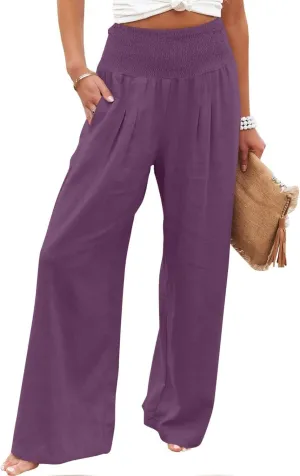 yardsong Linen Pants Women 2024 Summer Trendy Casual Wide Leg Pant Smocked High Waisted Palazzo Beach Pants with Pockets
