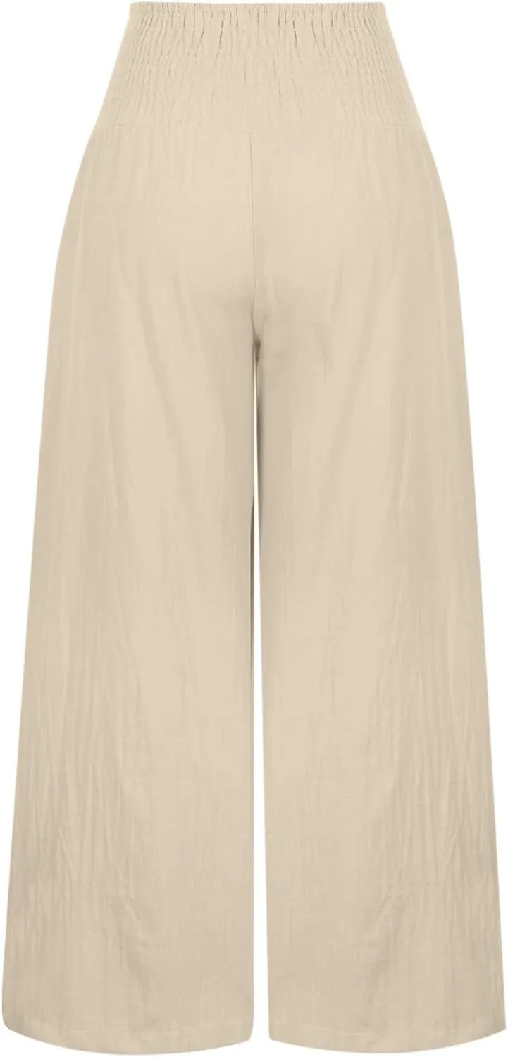 yardsong Linen Pants Women 2024 Summer Trendy Casual Wide Leg Pant Smocked High Waisted Palazzo Beach Pants with Pockets