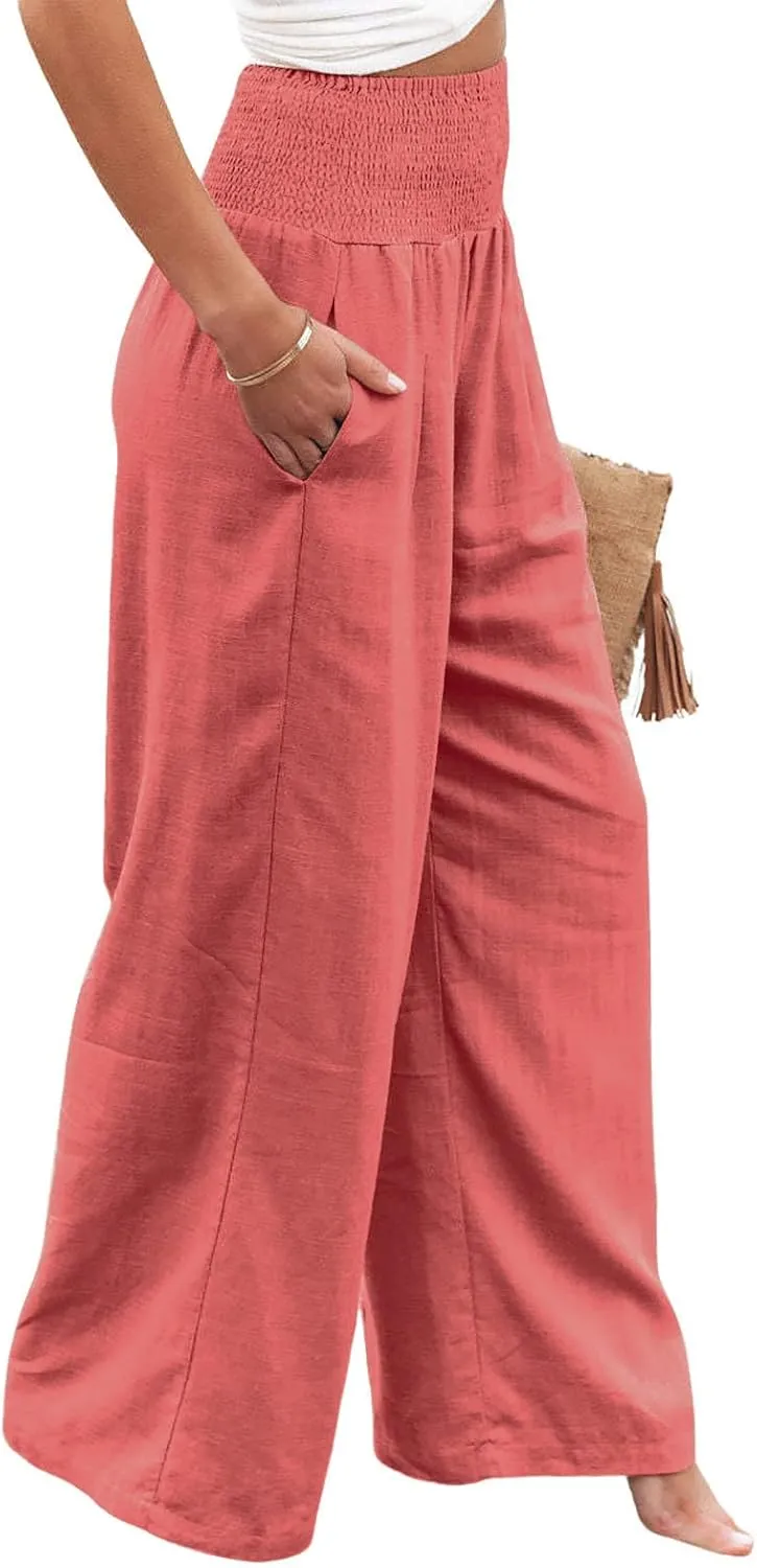 yoeasy Women Summer High Waisted Cotton Linen Palazzo Pants Wide Leg Long Trousers with Pocket