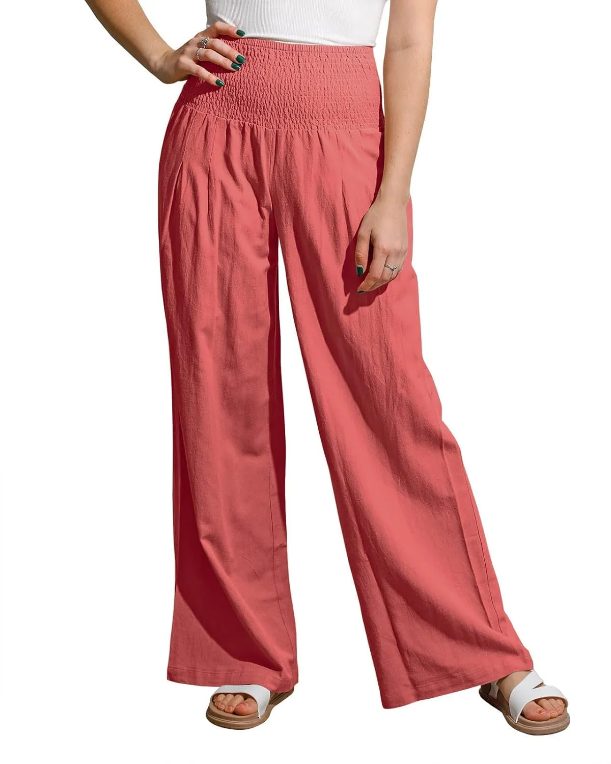 yoeasy Women Summer High Waisted Cotton Linen Palazzo Pants Wide Leg Long Trousers with Pocket