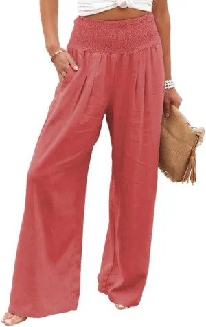yoeasy Women Summer High Waisted Cotton Linen Palazzo Pants Wide Leg Long Trousers with Pocket