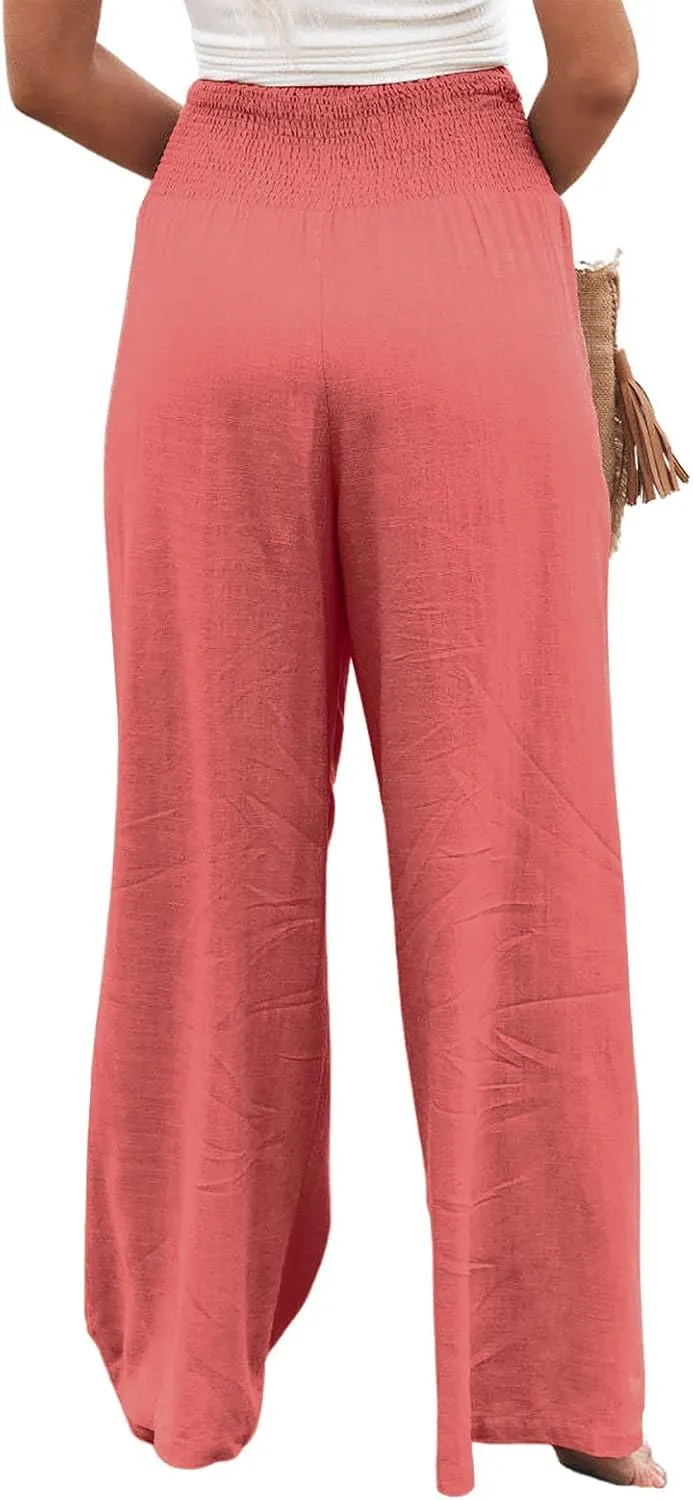 yoeasy Women Summer High Waisted Cotton Linen Palazzo Pants Wide Leg Long Trousers with Pocket