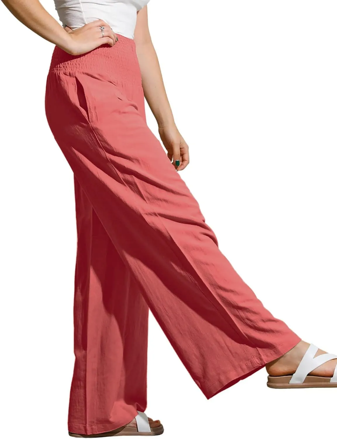 yoeasy Women Summer High Waisted Cotton Linen Palazzo Pants Wide Leg Long Trousers with Pocket