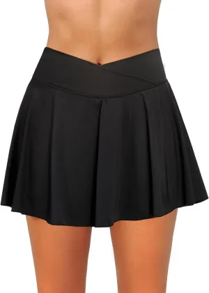 Zmart High Waisted Swim Skirt - Women V Cross Bathing Suit Pleated Skorts Bottom with Boxer Liner & Pockets