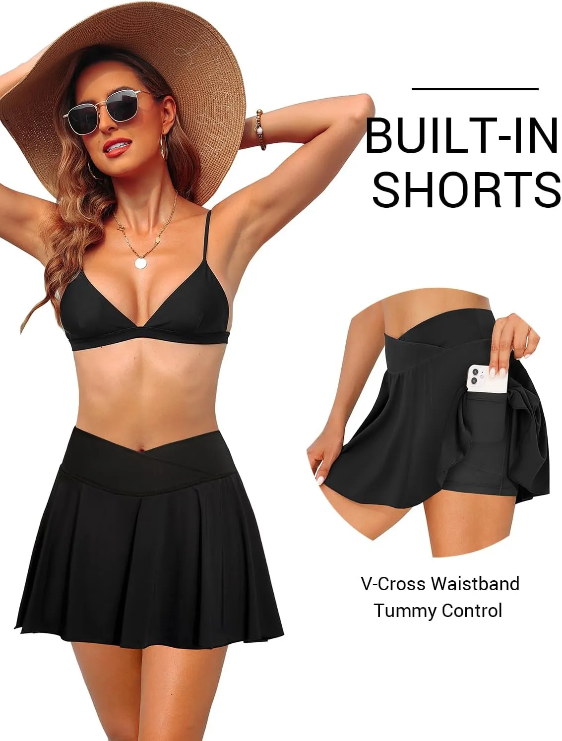 Zmart High Waisted Swim Skirt - Women V Cross Bathing Suit Pleated Skorts Bottom with Boxer Liner & Pockets