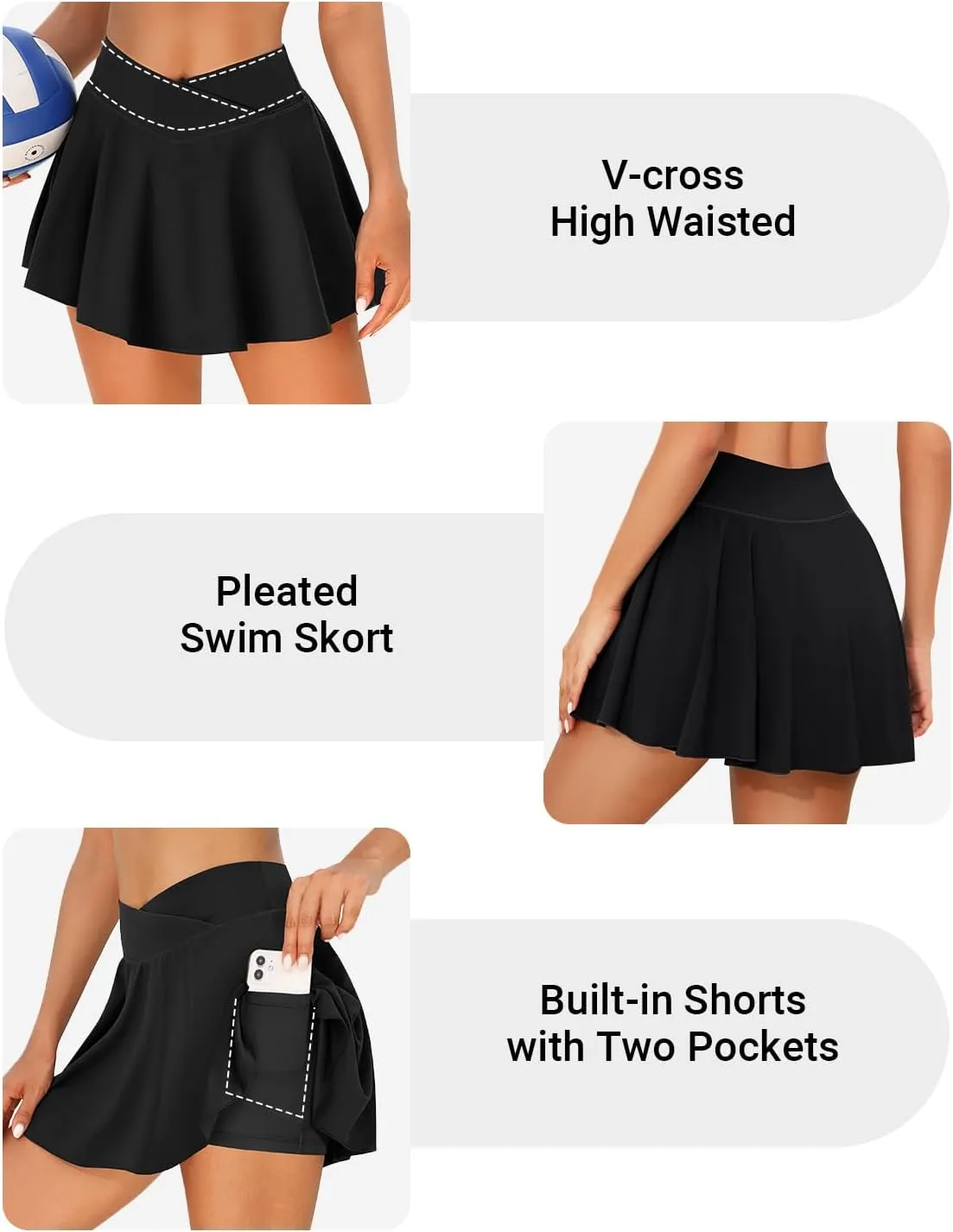 Zmart High Waisted Swim Skirt - Women V Cross Bathing Suit Pleated Skorts Bottom with Boxer Liner & Pockets